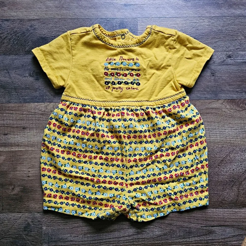 Gymboree Girls 9-12M Yellow Floral Embroidered Short Sleeve Cotton Romper